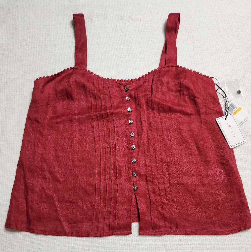 1.STATE Mineral Red Linen Button-Down Top Size S NWT